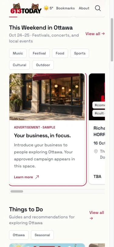Homepage feature: a sample advertisement in the actual 613today page layout