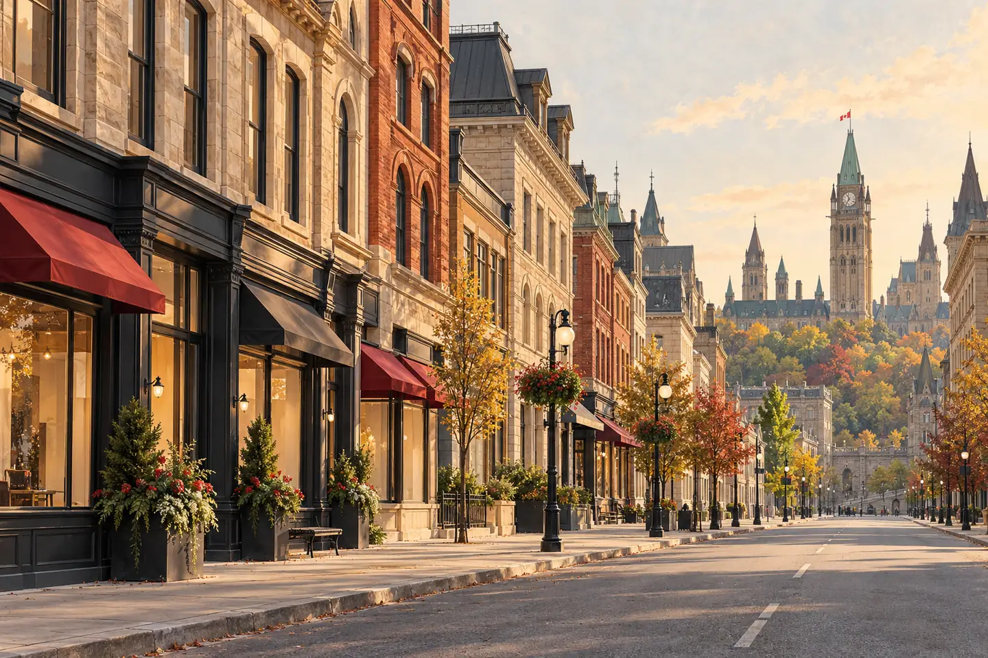 Editorial illustration of Ottawa-inspired architecture and local storefronts