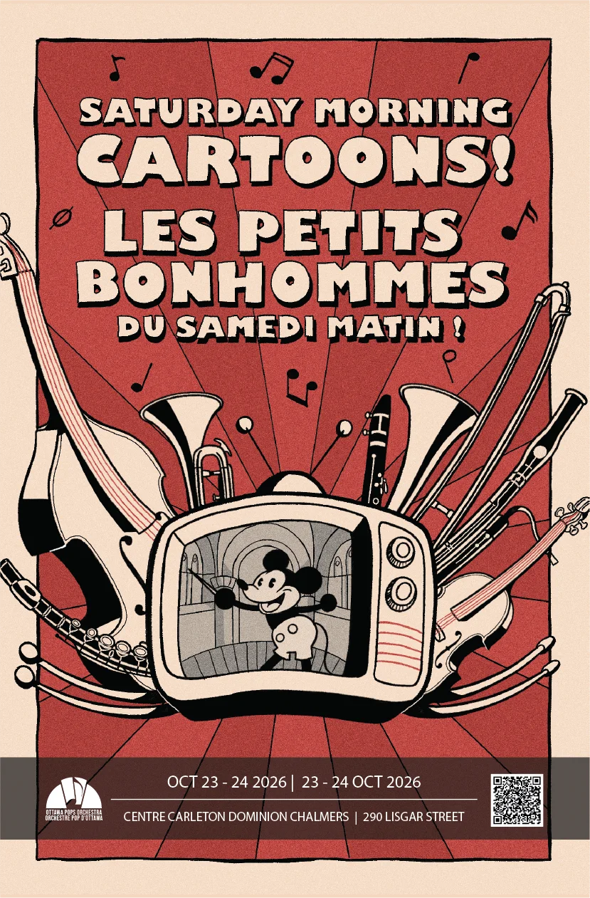 Official bilingual Saturday Morning Cartoons poster with cartoon instruments and an illustrated television
