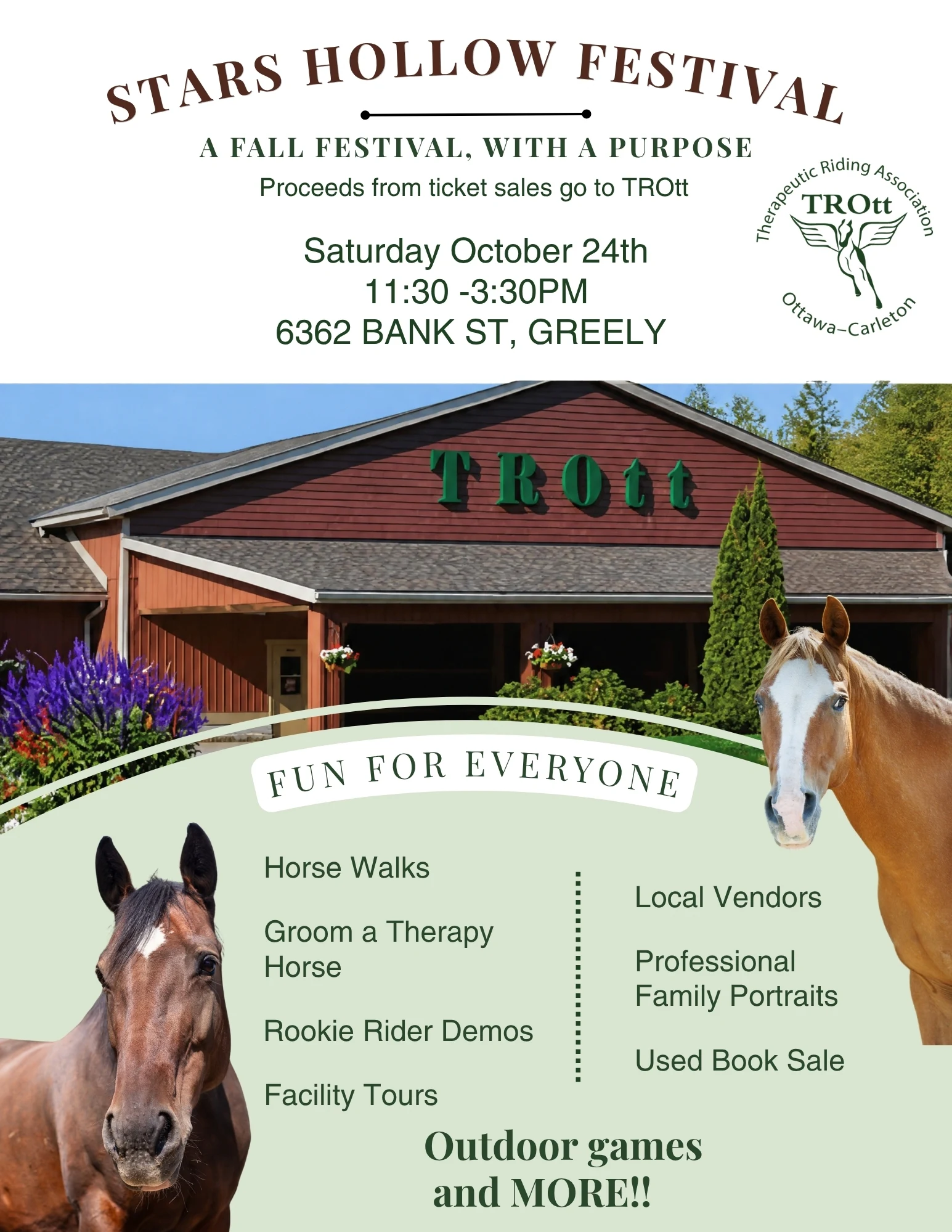Stars Hollow Festival fundraiser poster showing TROtt's farm and therapy horses, with October 24 event details.